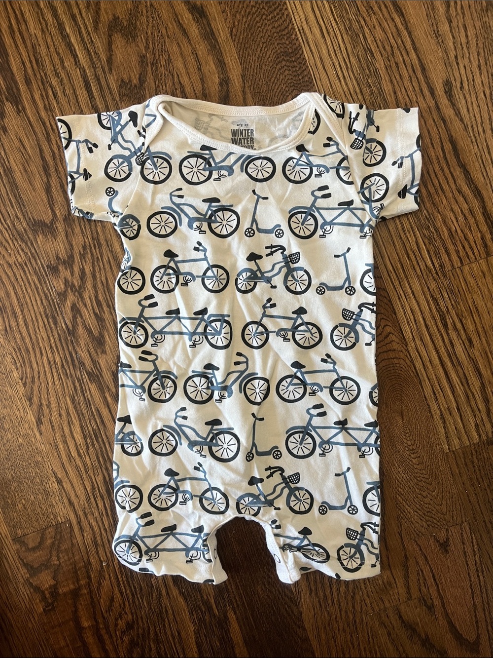 Winter Water One-Piece Baby Bodysuit in White and Blue Bicycle Print